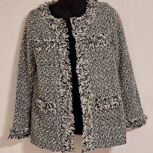 Rienda(Japanese) Wool Blend Black & White Tweed Collarless Jacket Misses Small